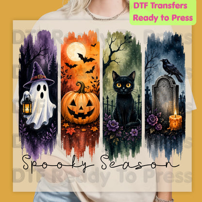 Halloween Spooky Season DTF Transfers, Brushstroke Ghost Pumpkin Black Cat Crow Tombstone Ready to Press