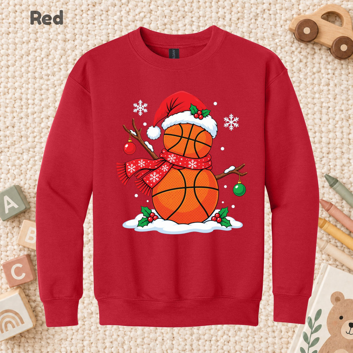 Christmas Basketball Snowman T-Shirt, Santa Hat and Scarf Holiday Sports Graphic Tee