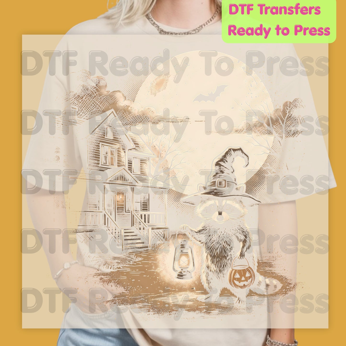 Vintage Halloween Mouse Witch DTF Transfers, Full Moon Pumpkin House Sepia Trick or Treat Spooky Fall Ready to Press