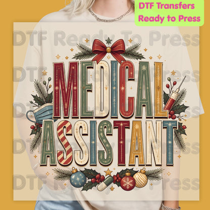 Christmas Medical Assistant DTF Transfers, Holiday Nurse Mask Syringe Bow Medical Ready to Press