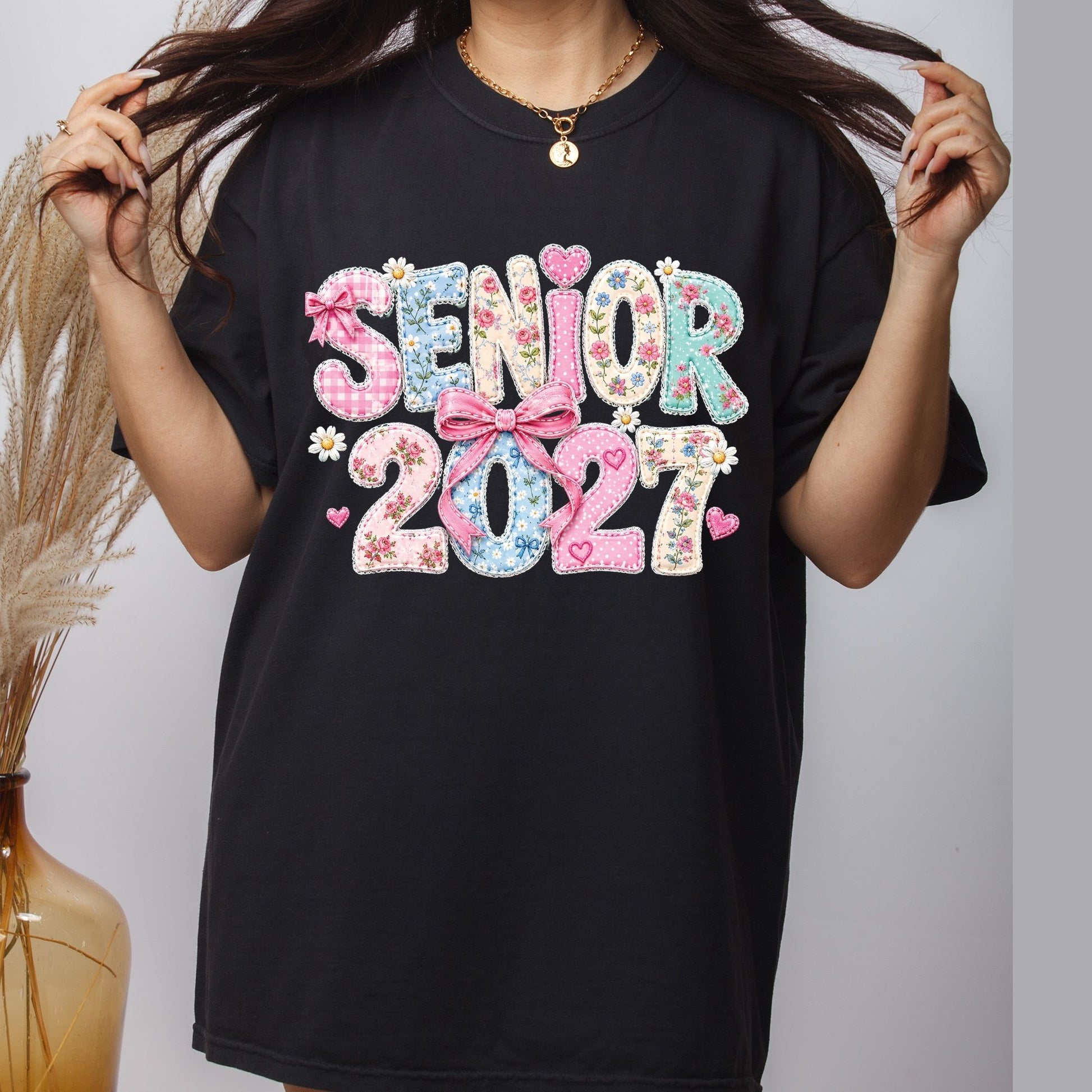 Senior 2027 DTF Transfer Ready to Press Graduation Heat Transfer for Shirts Floral Patchwork Quilted Pink Bow Coquette Graphic Tee