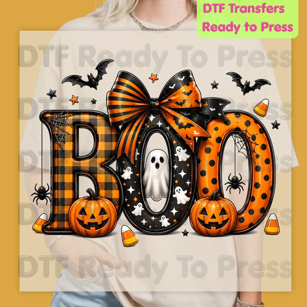 Boo Pumpkin Ghost Halloween DTF Transfers, Coquette Bow Cute Spooky Ready to Press