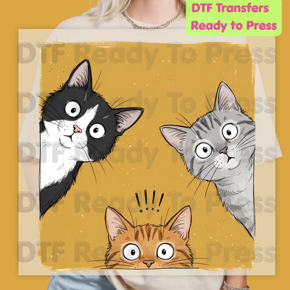 Curious Cats DTF Transfers, Peeking Cats Funny Cat Lover Kittens Ready to Press