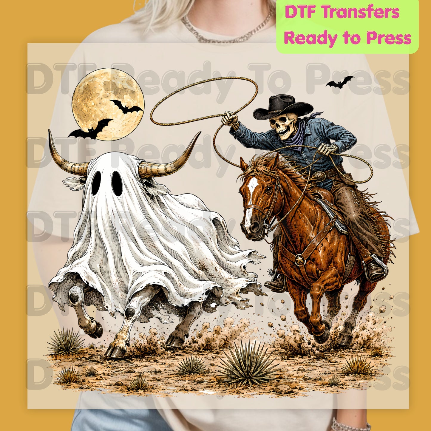 Halloween DTF Transfers, Skeleton Cowboy Ghost Bull Lasso Western Spooky Rodeo Ready to Press