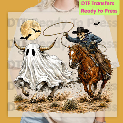 Halloween DTF Transfers, Skeleton Cowboy Ghost Bull Lasso Western Spooky Rodeo Ready to Press