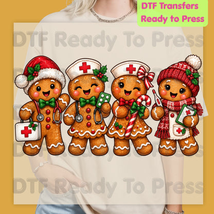 Christmas Gingerbread Nurse Team DTF Transfers, Medical Nursing Stethoscope Holiday Ready to Press