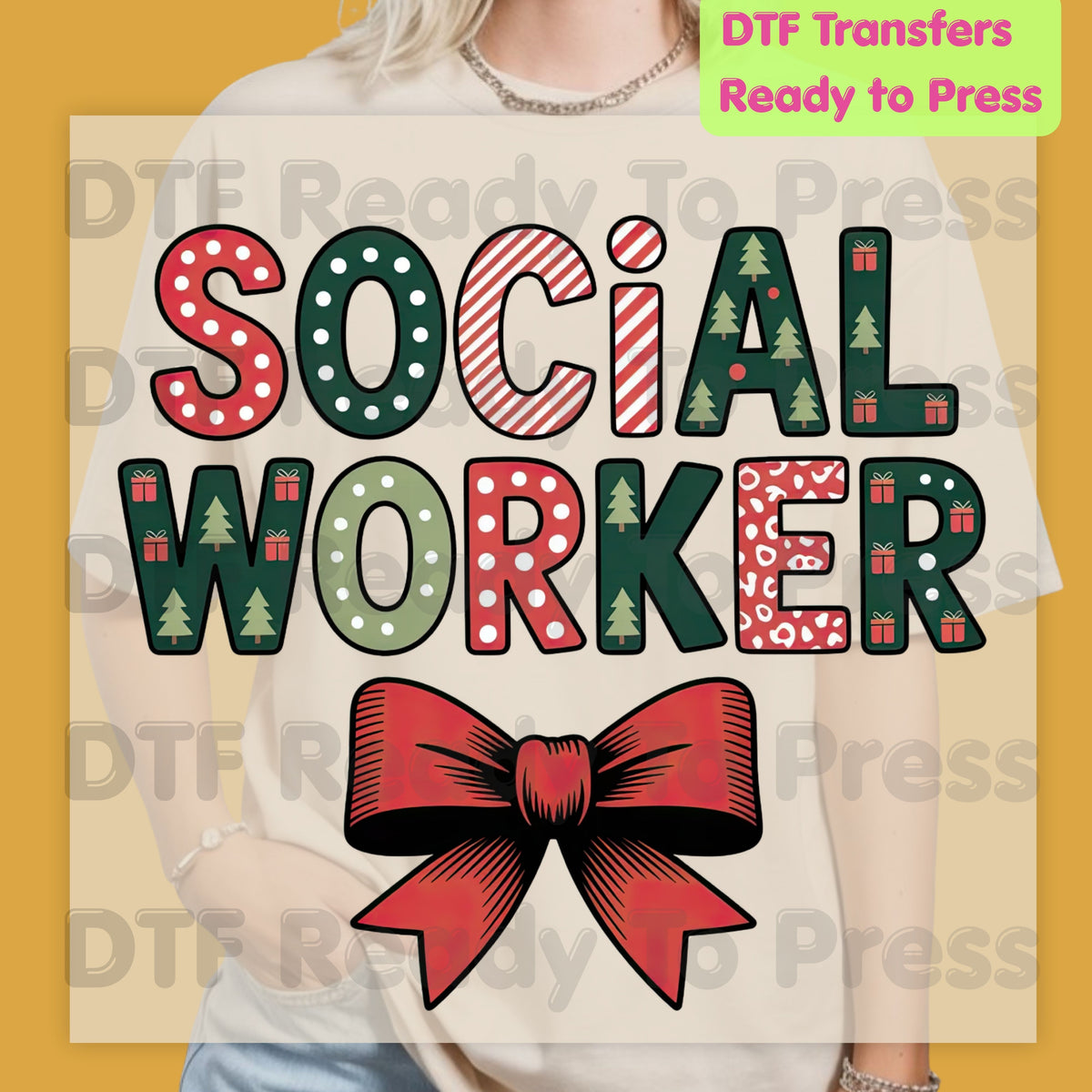Christmas Social Worker DTF Transfers, Holiday Social Work Red Bow Pattern Ready to Press