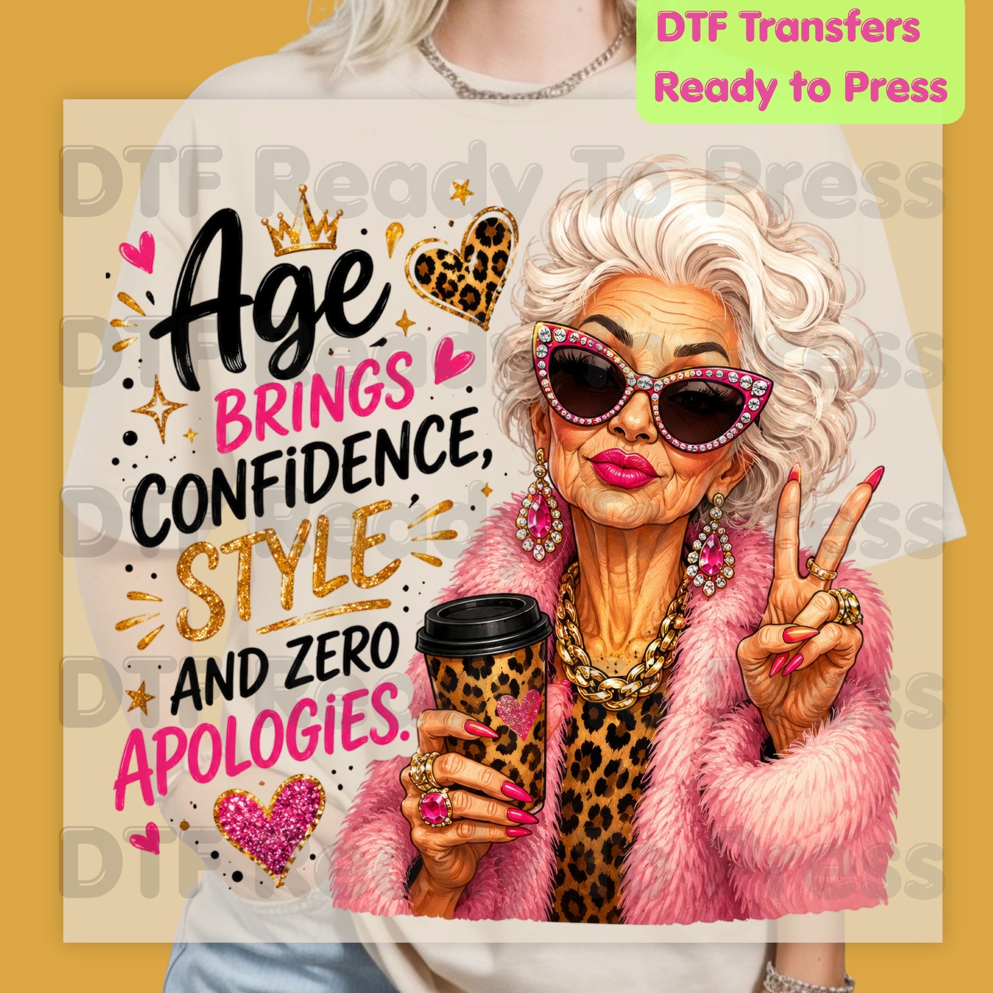 Age Brings Confidence DTF Transfers, Fabulous Glam Senior Woman Leopard Coffee Cup Ready to Press