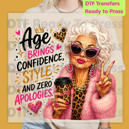 Age Brings Confidence DTF Transfers, Fabulous Glam Senior Woman Leopard Coffee Cup Ready to Press