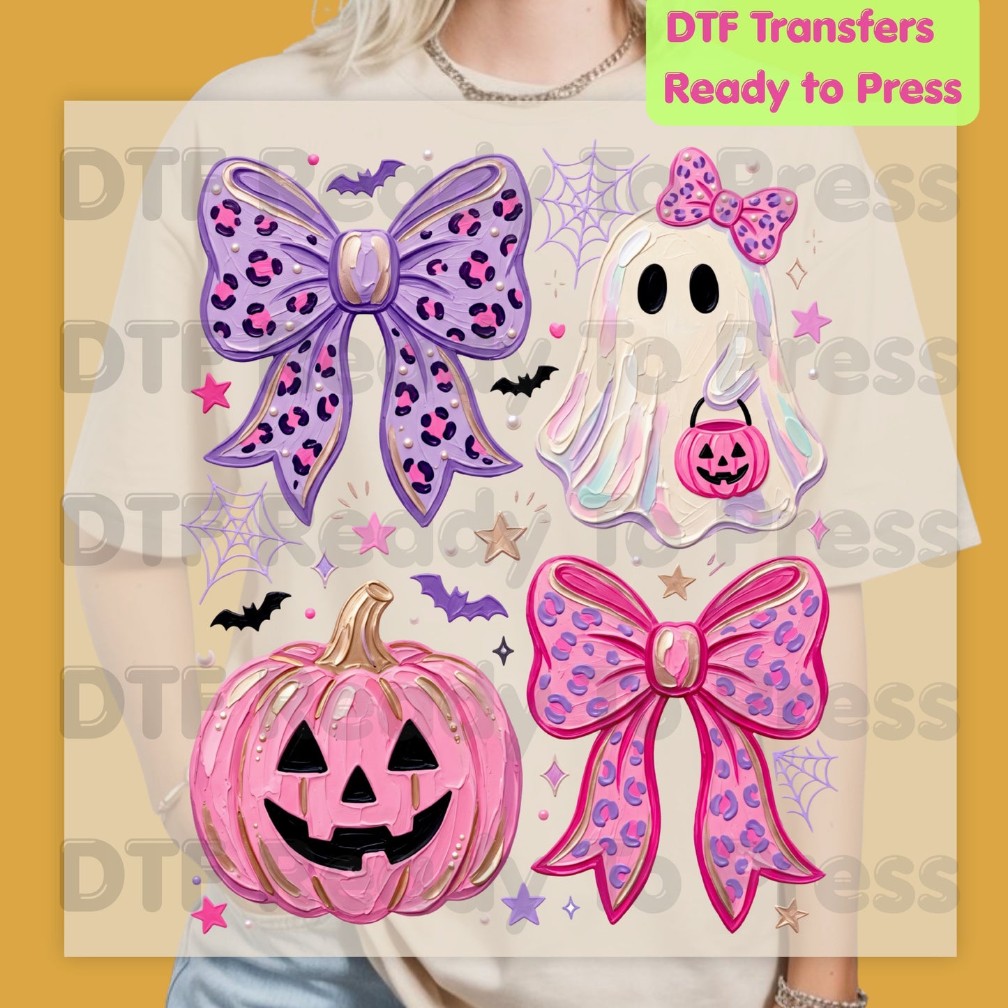 Coquette Halloween Ghost DTF Transfers, Pink Pumpkin Leopard Bow Spooky Cute Ready to Press