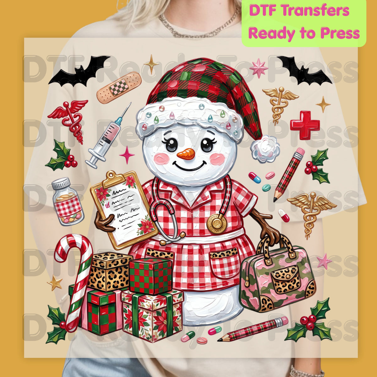 Christmas Nurse Snowman DTF Transfers, Medical Holiday Stethoscope Graphic Ready to Press