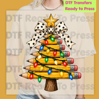Christmas Teacher Pencil Tree DTF Transfers, School Polka Dot Bow Lights Holiday Ready to Press