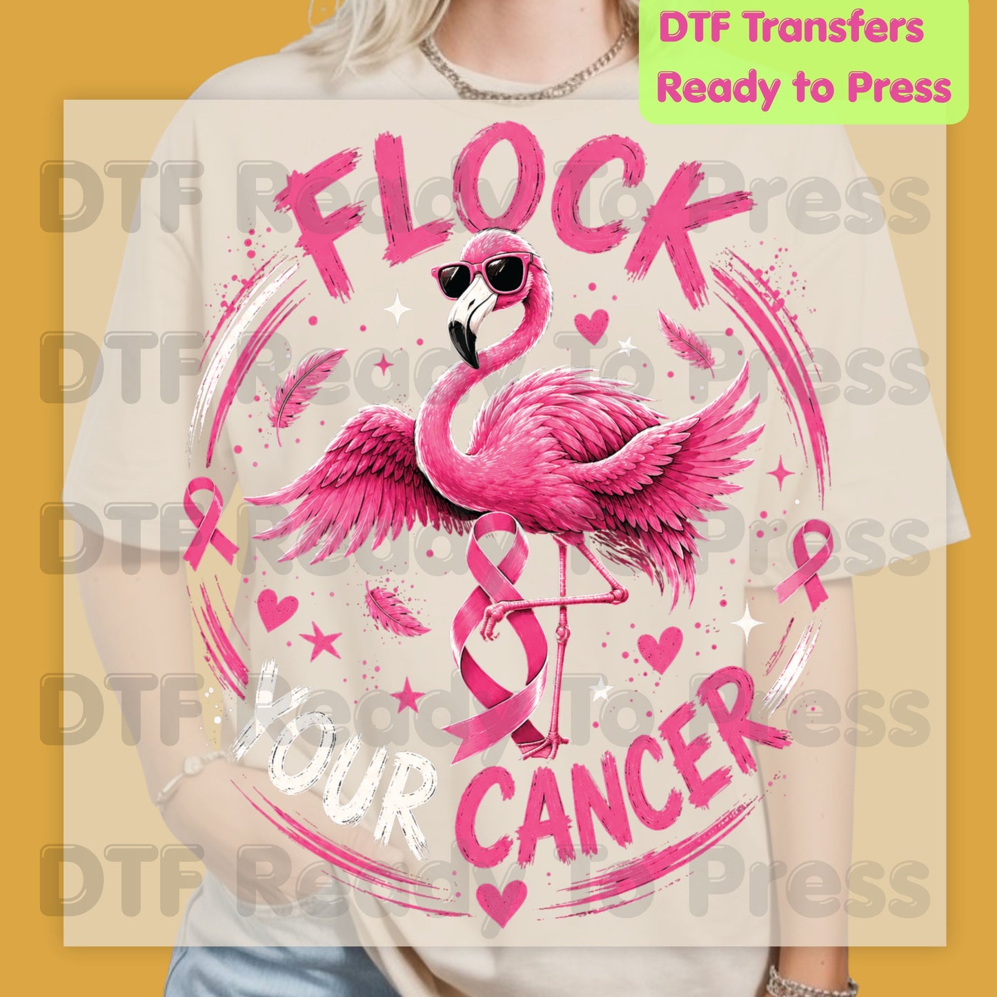 Flock Your Cancer Pink Flamingo Breast Cancer Awareness DTF Transfer Ready to Press Heat Transfer Tee