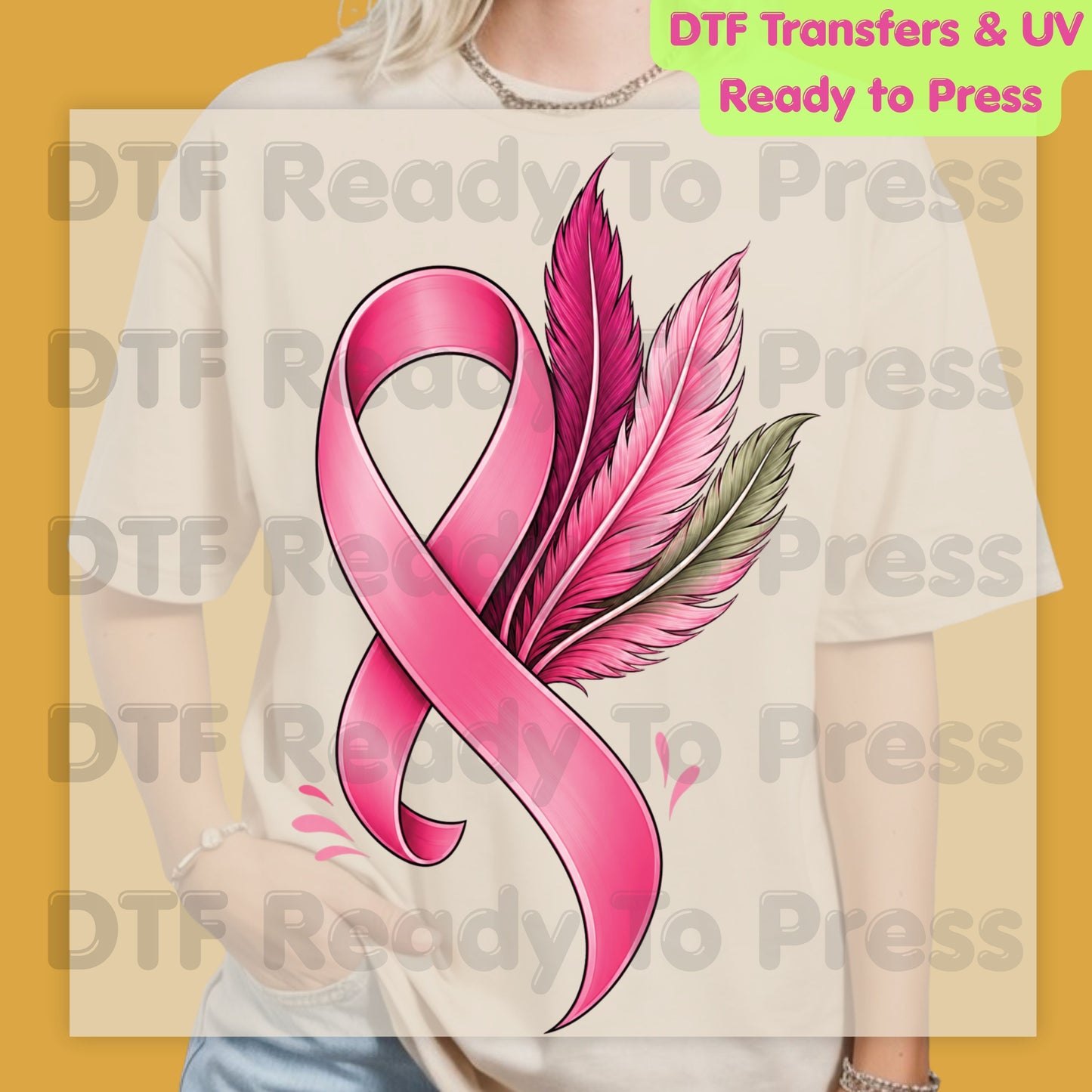 Pink Ribbon Feathers Breast Cancer Awareness DTF Transfer Ready to Press Heat Transfer Survivor Support Tee