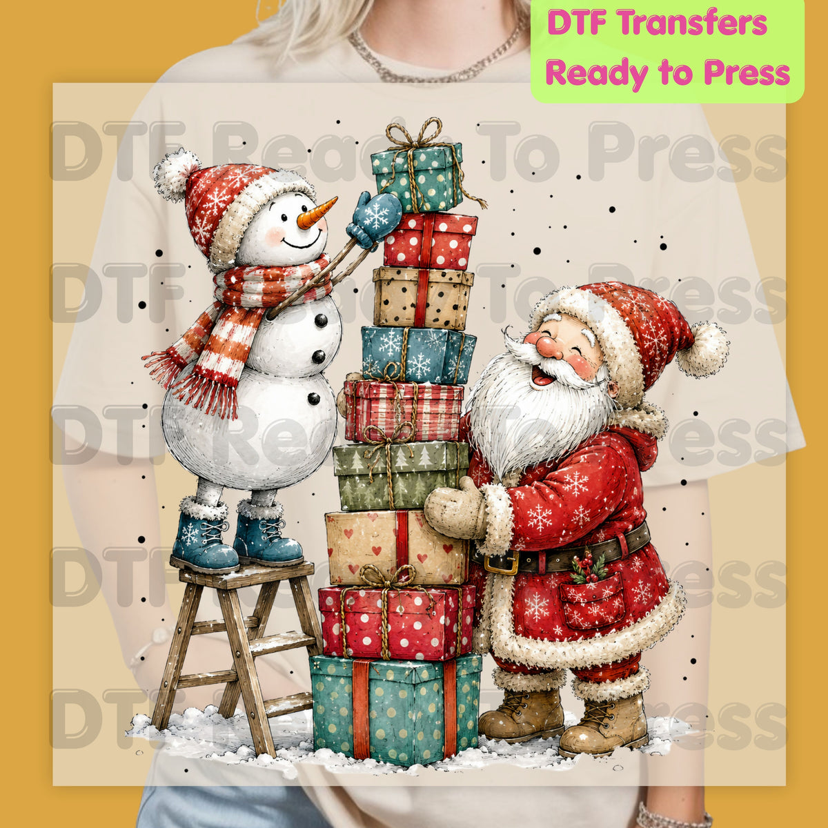 Christmas Santa Snowman DTF Transfers, Stacking Gifts Cute Holiday Ready to Press