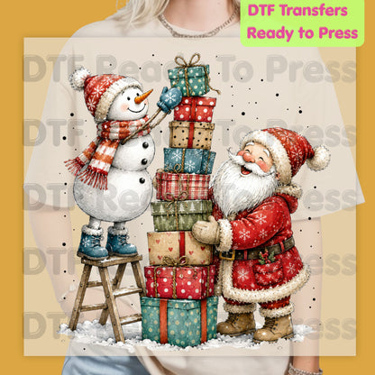 Christmas Santa Snowman DTF Transfers, Stacking Gifts Cute Holiday Ready to Press