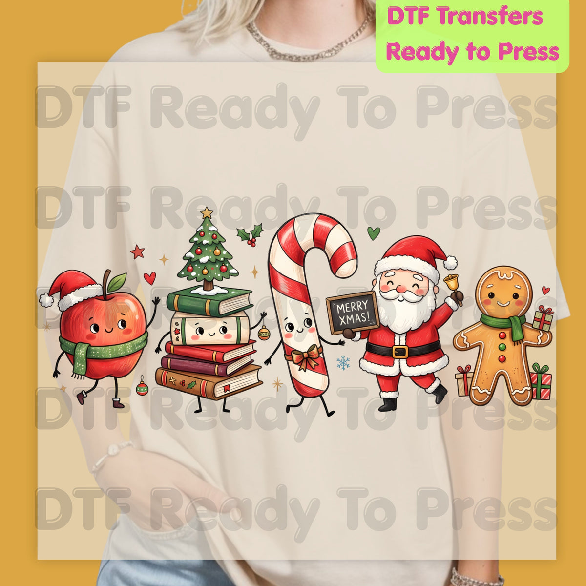 Christmas Teacher Squad DTF Transfers, Holiday School Apple Books Santa Teacher Ready to Press