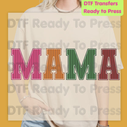 Mama DTF Transfers, Striped Colorful Retro Varsity Letter Mama Ready to Press