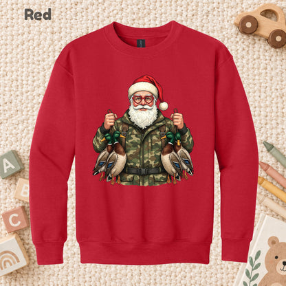 Duck Hunting Christmas T-Shirt, Santa Duck with Camo Mallards Graphic Tee, Funny Hunting Holiday Shirt