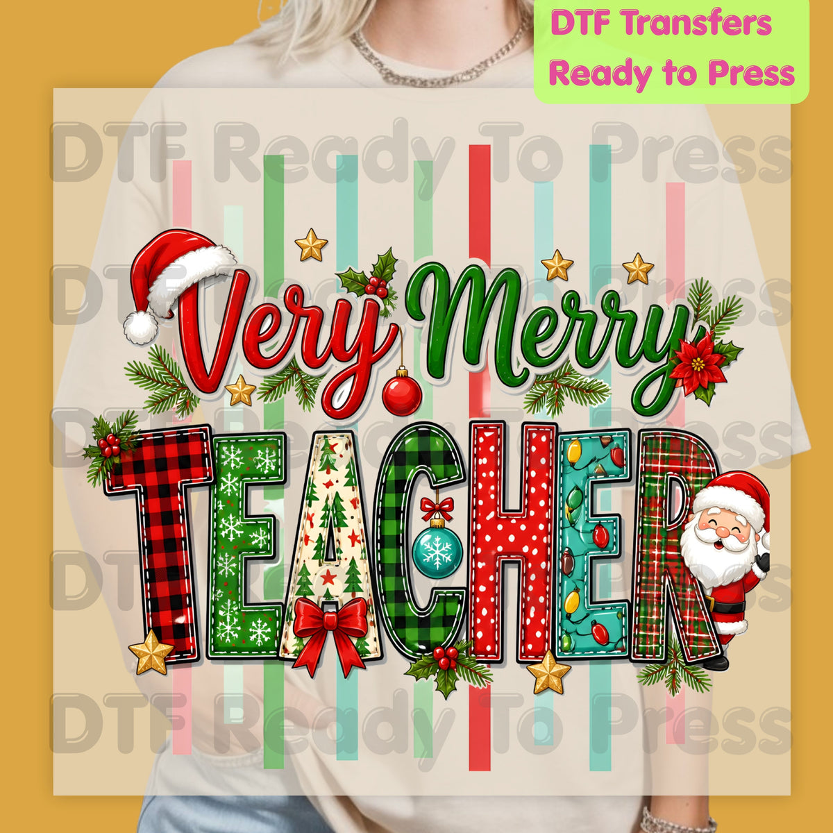 Very Merry Teacher DTF Transfers, Christmas School Plaid Santa Striped Graphic Ready to Press
