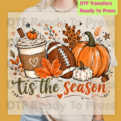 Tis the Season Football DTF Transfers, Fall Pumpkin Spice Coffee Thanksgiving Ready to Press