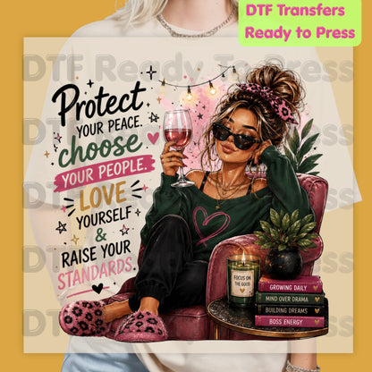 Inspirational Self Care Girl DTF Transfers, Protect Your Peace Love Yourself Wine Woman Quote Ready to Press