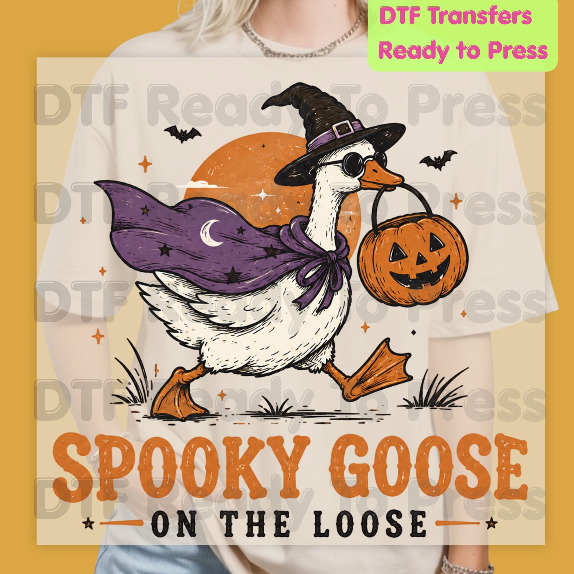 Spooky Goose DTF Transfers, Witch Goose Halloween Pumpkin Trick or Treat Ready to Press