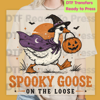Spooky Goose DTF Transfers, Witch Goose Halloween Pumpkin Trick or Treat Ready to Press