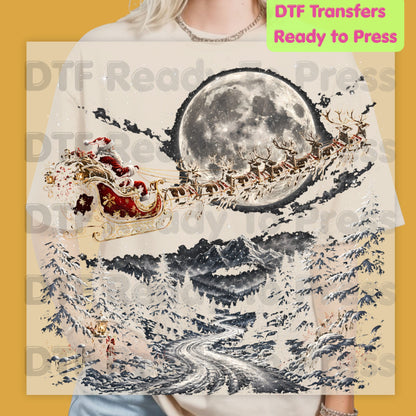 Christmas Santa DTF Transfers, Sleigh Flying Over Full Moon Vintage Winter Forest Ready to Press
