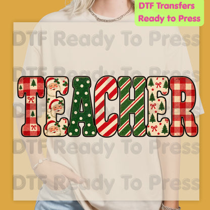Christmas Teacher Santa Vintage DTF Transfers, School Plaid Stripes Holiday Ready to Press