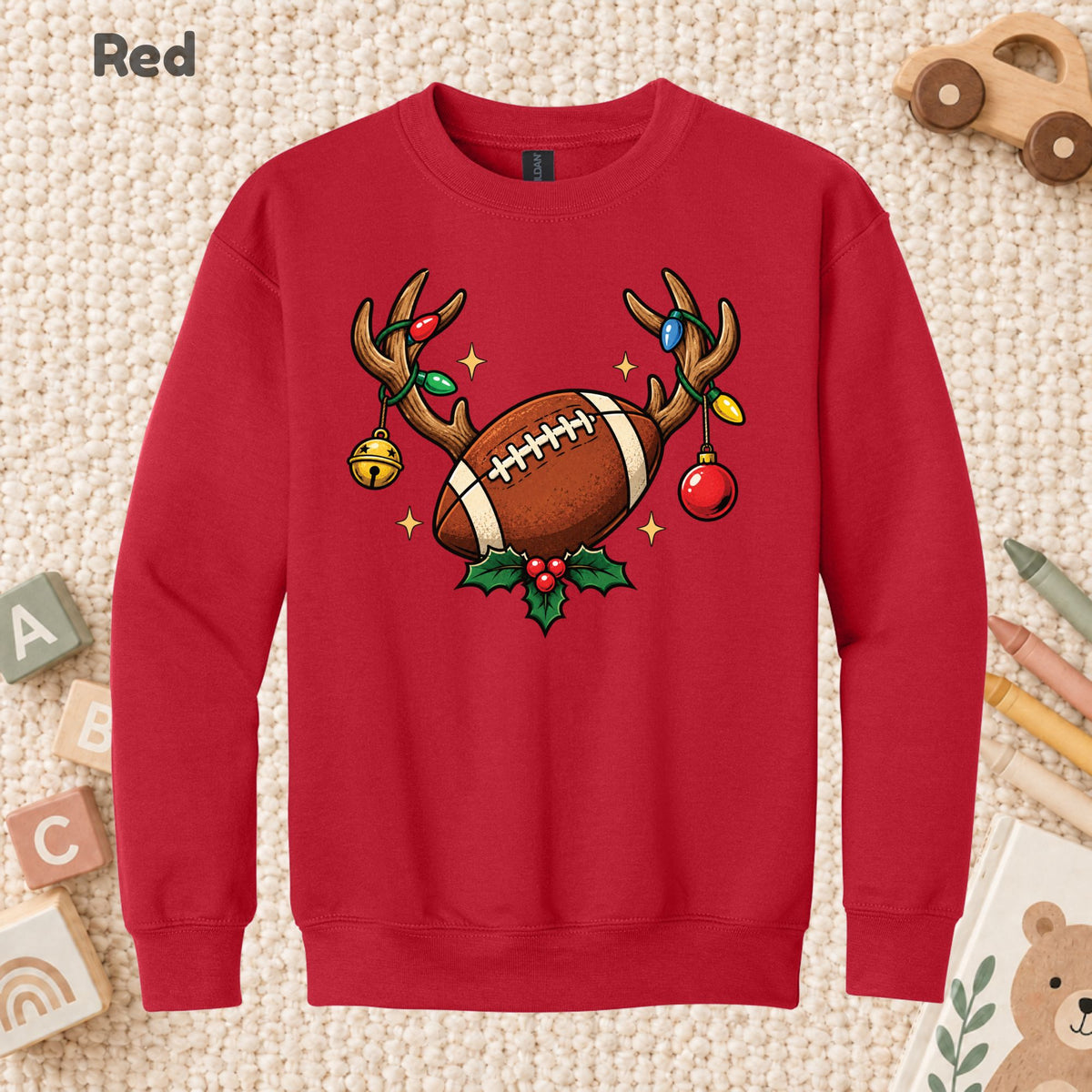 Christmas Football T-Shirt, Reindeer Antlers Lights and Holly Tee, Festive Holiday Sweatshirt