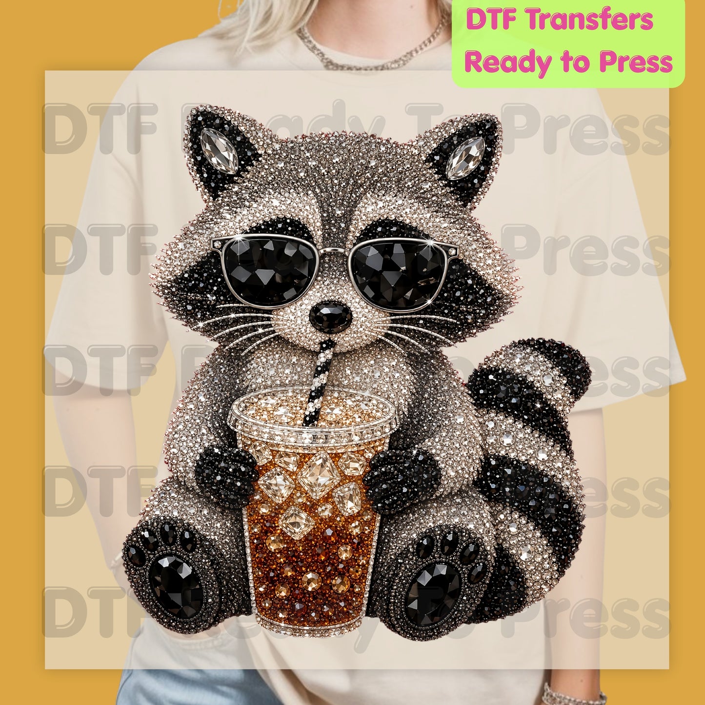 Cool Raccoon DTF Transfers, Sunglasses Iced Coffee Trash Panda Rhinestone Ready to Press