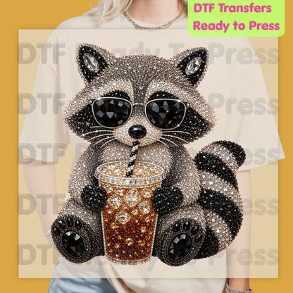 Cool Raccoon DTF Transfers, Sunglasses Iced Coffee Trash Panda Rhinestone Ready to Press