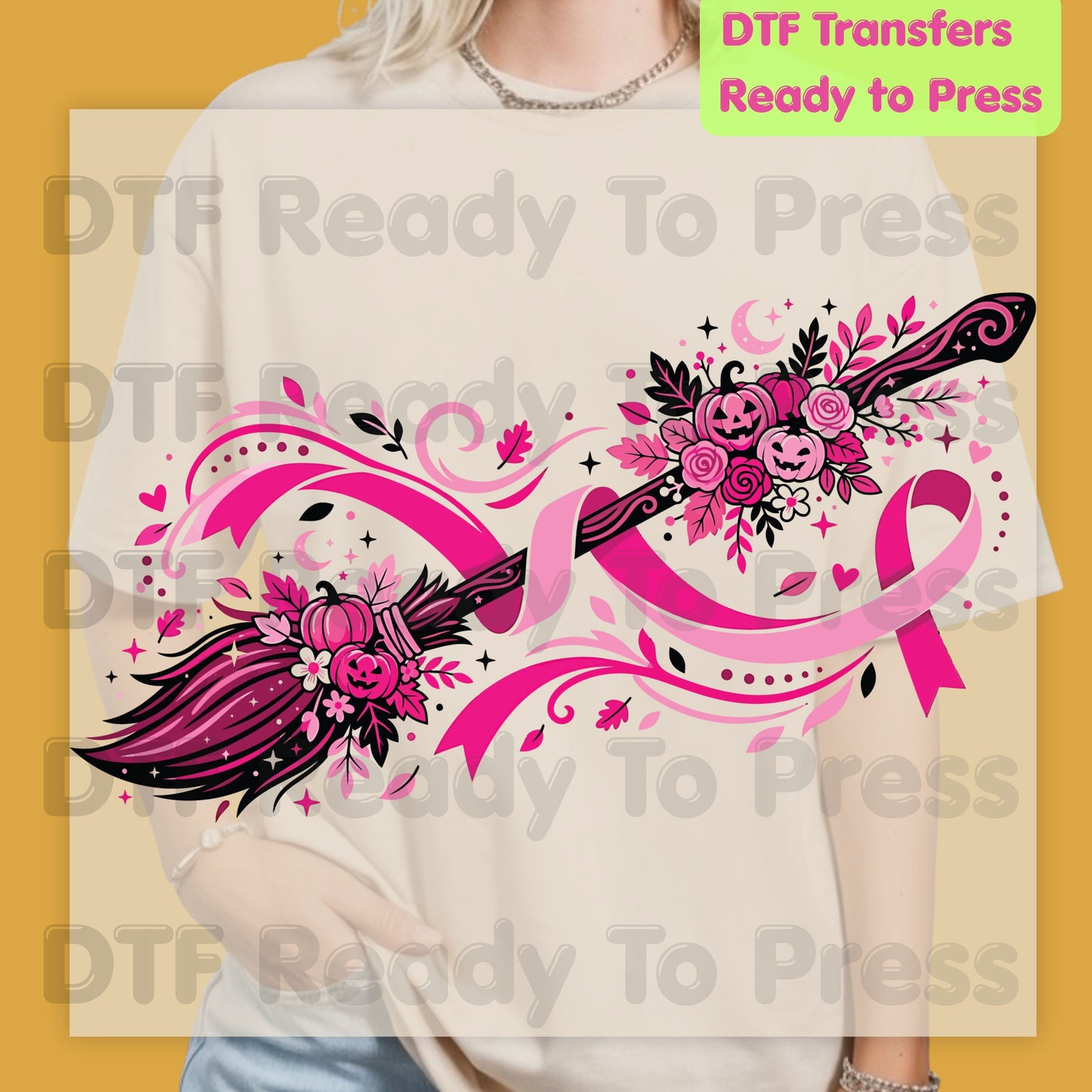 Pink Witch Broom Pumpkin Ribbon Breast Cancer Awareness DTF Transfer Ready to Press Heat Transfer Tee