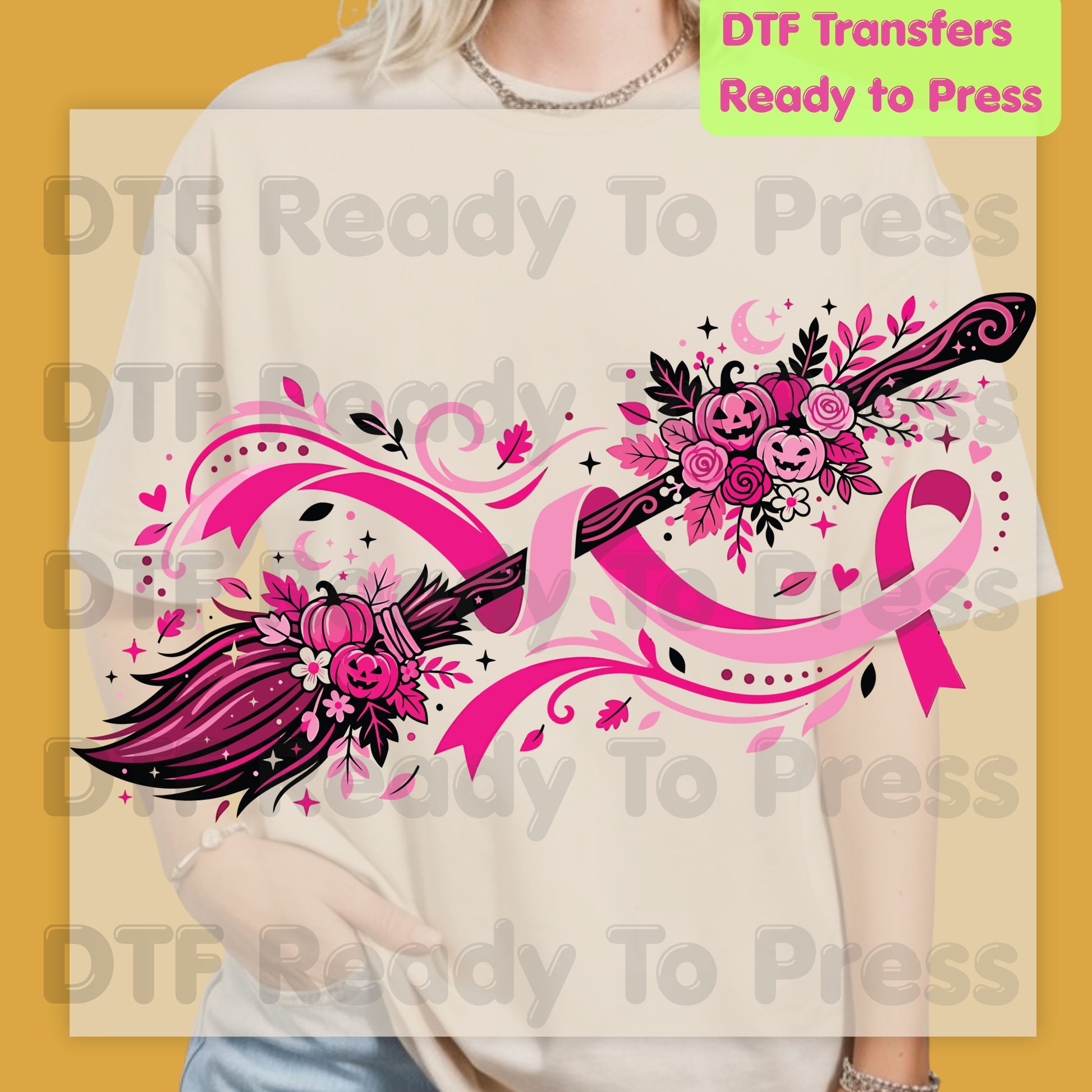 Pink Witch Broom Pumpkin Ribbon Breast Cancer Awareness DTF Transfer Ready to Press Heat Transfer Tee