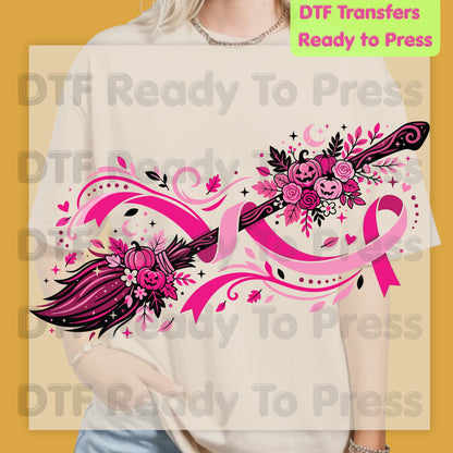 Pink Witch Broom Pumpkin Ribbon Breast Cancer Awareness DTF Transfer Ready to Press Heat Transfer Tee