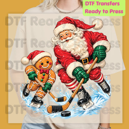 Christmas DTF Transfer, Santa and Gingerbread Man Playing Hockey, Holiday Sports Graphic