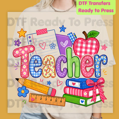 Teacher Apple Books Pencil DTF Transfers, Colorful School Supplies Back to School Ready to Press