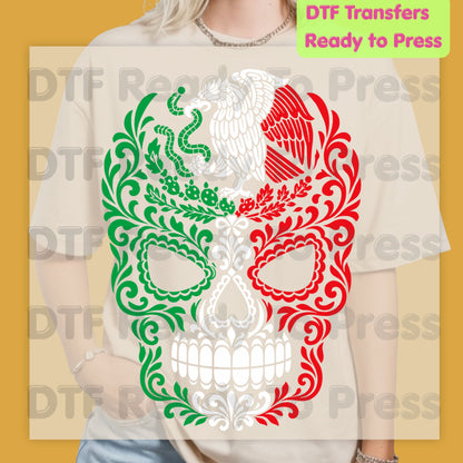 Mexican Flag Sugar Skull DTF Transfers, Eagle Coat of Arms Dia de los Muertos Ready to Press