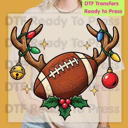 Christmas DTF Transfer, Reindeer Antlers with Football Lights and Holly Graphic