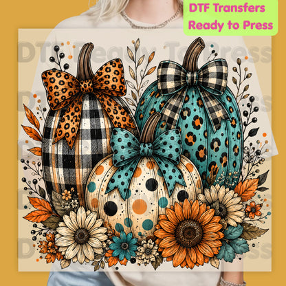 Fall DTF Transfers, Leopard Plaid Pumpkins Teal Orange Floral Thanksgiving Ready to Press