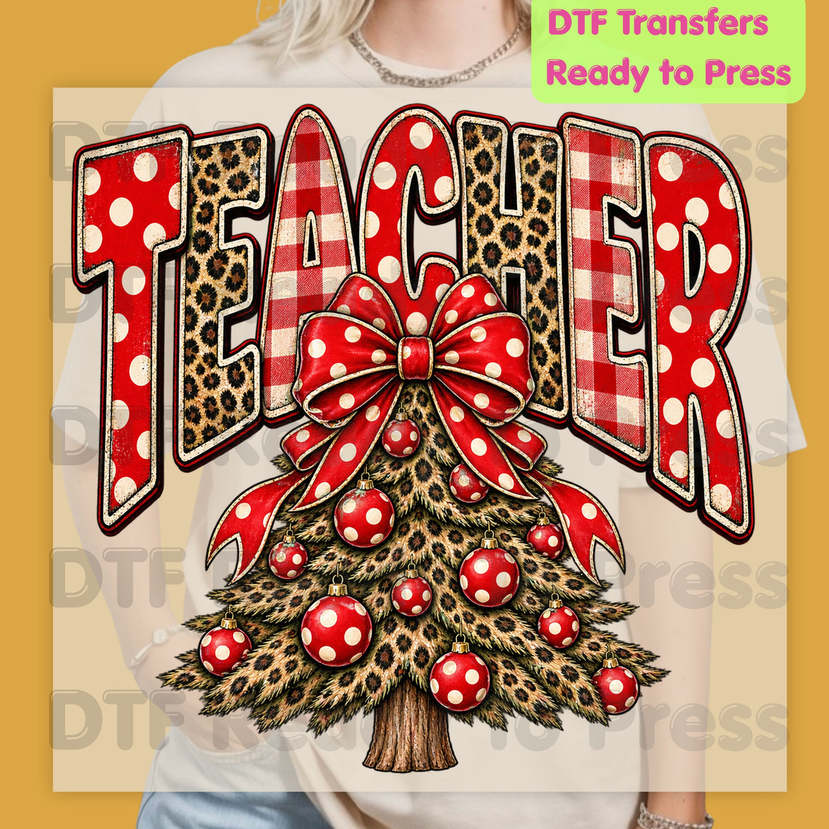 Christmas Teacher Tree DTF Transfers, School Leopard Plaid Red Bow Holiday Ready to Press