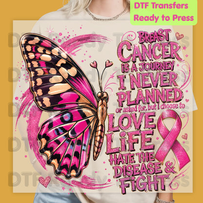 Breast Cancer Is A Journey Butterfly Breast Cancer Awareness DTF Transfer Ready to Press Heat Transfer Tee