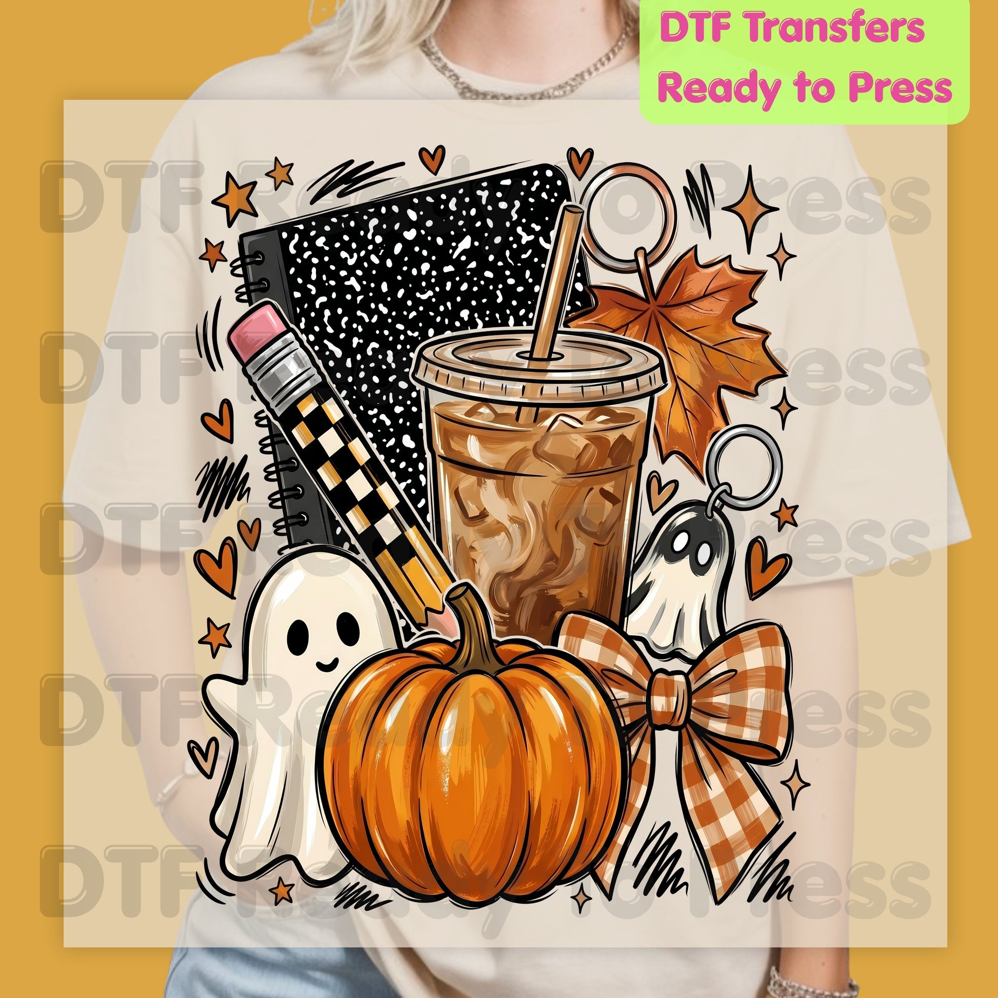 Spooky Teacher DTF Transfer Ready to Press Halloween Fall Heat Transfer For Shirts Iced Coffee Ghost Pumpkin Pencil Composition Notebook