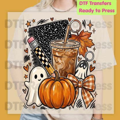 Spooky Teacher DTF Transfer Ready to Press Halloween Fall Heat Transfer For Shirts Iced Coffee Ghost Pumpkin Pencil Composition Notebook