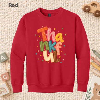Thankful T-Shirt, Colorful Crayon Lettering Thanksgiving Tee, Fall Holiday Sweatshirt
