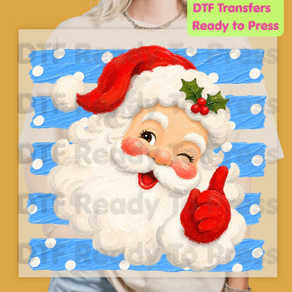 Vintage Winking Santa DTF Transfers, Blue Striped Background Christmas Holiday Ready to Press