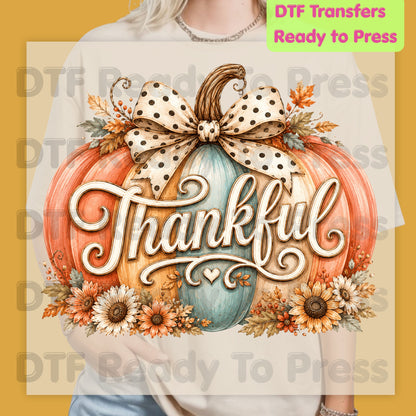 Thanksgiving Pumpkin DTF Transfer Ready to Press Thankful Heat Transfer For Shirts Polka Dot Bow Sunflowers Autumn Fall Vibe Floral Print