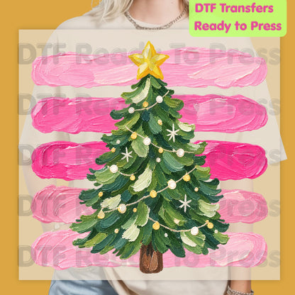 Christmas Tree DTF Transfers, Pink Brush Stripes Background Holiday Ready to Press