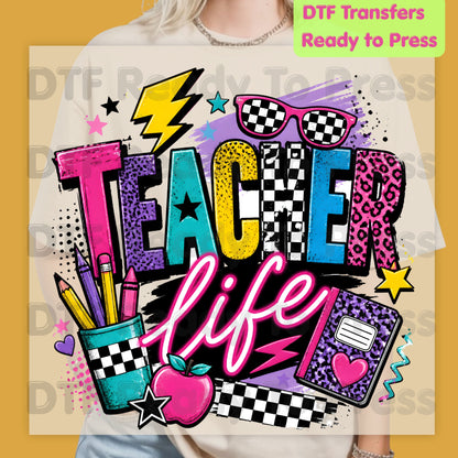 Retro Neon Teacher Life DTF Transfers, Colorful Doodle Graffiti Checkerboard Sunglasses Back to School Ready to Press